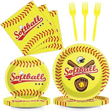 Imagem de 96 peças Softball artigos de festa de aniversário kit de talheres esportivos pratos descartáveis conjunto de guardanapos festa de aniversário eventos decorações lembrancinhas para crianças, servir 24