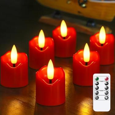 Imagem de Wroxipel Pacote com 6 velas votivas de LED sem chamas de plástico borgonha operadas por bateria, tempo de funcionamento longo, 4 x 5,8 cm, velas cintilantes com controle remoto