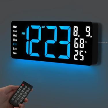 Imagem de Relógio de parede digital de 44,5 cm, visor de LED com hora, data, mês, temperatura e umidade, controle remoto DST, alarme, temporizador, brilho de 10 níveis, luz noturna para decoração de casa, sala