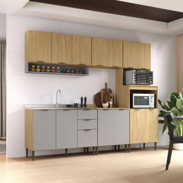 Imagem de Cozinha Modulada 100% MDF 5 Peças 14 Portas 2 Gavetas Torre-Quente 2 Balcão 2 Aéreo Ibiza  Louro Freijó/Cinza