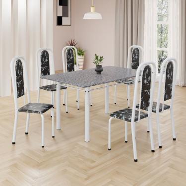 Imagem de Conjunto De Mesa Retangular 140x75cm Tampo Granito Ocre 6 Cadeiras Lavínea Preto Floral Branco