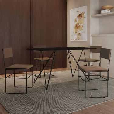 Imagem de Mesa Jantar Industrial Trama 1,40x0,80m Preta Com 4 Cadeiras Estofadas Vitória Marrom E Preta Marrom