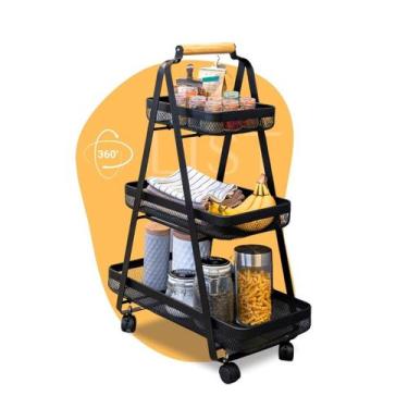 Imagem de Fruteira Aramada Cozinha Preto Fosco 3 Cestos Com Rodinhas - Member's 