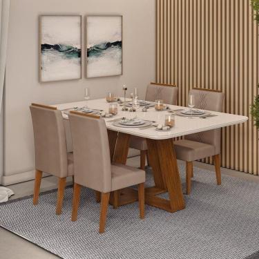 Imagem de Conjunto Sala de Jantar Mesa Kiara 160x90cm Tampo Vidro/MDF com 4 Cadeiras Yasmin DJ Móveis Freijo/Off White/Veludo Kraft