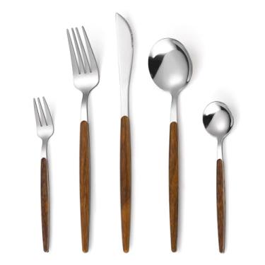 Imagem de OIULO Conjunto De Talheres Com 20 Peças E Garfo Para Bolo, Aço Inoxidável 4 Pessoas, Utensílios Mesa Cabo Madeira, Inclui Faca, Colher, Acabamento Espelhado, Lavável Na Máquina Lavar Louças