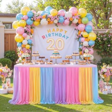 Imagem de Saias de mesa de tule arco-íris para mesas retangulares, 4,3 m, toalha de mesa de tutu colorida, unicórnio, festa de aniversário, revelação, chá de bebê, bolo, sobremesa, bufê, banquete, decorações de mesa