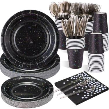 Imagem de Hushee O conjunto de louça descartável de festa com estampa holográfica preta inclui 50 pratos de papel, 25 guardanapos, 25 xícaras, 25 garfos de plástico, 25 facas e 25 colheres para casamento de