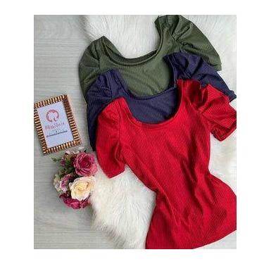 Imagem de Blusa feminina gola rasa manga curta bufante malha canelada - Filó Mod