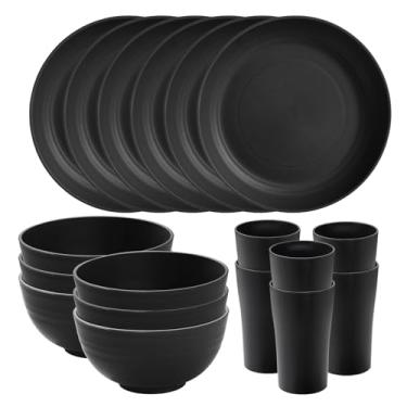 Imagem de Conjunto de 18 peças de louça de palha de trigo - Conjunto de pratos e tigelas de cozinha SANLUNS conjunto de louça reutilizável inquebrável, conjunto de pratos, pratos seguros para lava-louças e