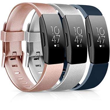 Imagem de [Pacote com 3] Pulseiras de TPU macias compatíveis com Fitbit Inspire HR/Fitbit Inspire/Fitbit Ace 2 pulseiras esportivas à prova d'água para Fitbit Inspire HR Fitness Tracker, 04# Rose gold/Silver/Navy blue, Small