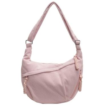 Imagem de Bolsa tiracolo de veludo cotelê de nylon trançado com vários bolsos crescente feminina e masculina bolsa de ombro, B - Rosa