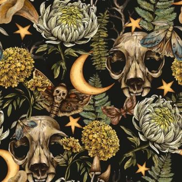 Imagem de Papel de parede de esqueleto escuro autoadesivo fácil de descascar flores brancas góticas amarelas lua estrela verde folha papel de contato removível para locatário de quarto amigável 45 x 599 cm