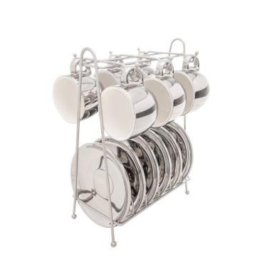 Imagem de Conjunto de Xícara de Café 6 Peças de Porcelana com Suporte Versa Prata/Branco 90 ml Wolff
