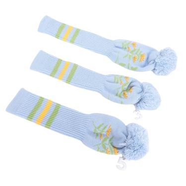 Imagem de SUNGOOYUE 3pcs Maconha Tampas de Cabeça do Clube, Padrão de Girassol Acessórios de Bolsas de Golfe Respiráveis ​​com Pom Pom pó Guarda de Poeira para Toda a Guarda (Azul)