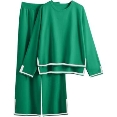 Imagem de 2 Piece Outfits Mulheres Vendas Conjuntos De Suéter Casual Manga Curta Malha Pullover Tops Perna Larga Calças Homewear Elegantlounge Conjuntos Silk Feel, Green, One Size