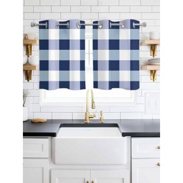 Imagem de Cortinas blecaute azul marinho branco búfalo xadrez 99 cm comprimento 2 painéis, cortina de janela superior xadrez rústica para quarto/cozinha, cortinas geométricas modernas com isolamento térmico 70
