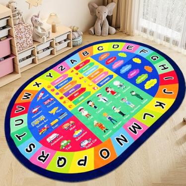 Imagem de USTIDE Tapete oval grande infantil 15 x 23, letras do alfabeto ABC, educativo e divertido, tapete de sala de aula, antiderrapante, tapete oval pré-escolar para quarto, sala de jogos, berçário