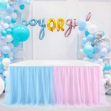 Imagem de Saia de mesa de tule para festa de aniversário, toalhas de mesa de tutu para casamentos, chá de panela, sobremesas, bolos, decorações de mesa, rosa e azul, 1,83 m x 78 cm