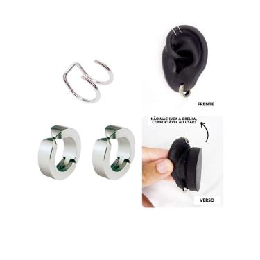 Imagem de Kit Brinco Argola Pressão Prata Piercing Cartilagem Encaixe