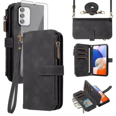 Imagem de Asuwish Capa de celular para Samsung Galaxy A14/M14 5G com zíper carteira celular com protetor de tela de vidro temperado alça transversal para pulso flip compartimento para cartão de crédito A 14 4G
