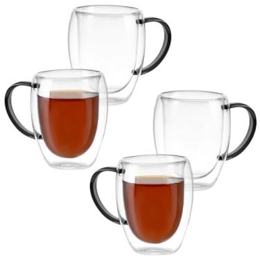 Imagem de Kit Conjunto 4 Xícaras de Vidro Borossilicato Parede Dupla 350ml Transparente com Alça Colorida (Preto)