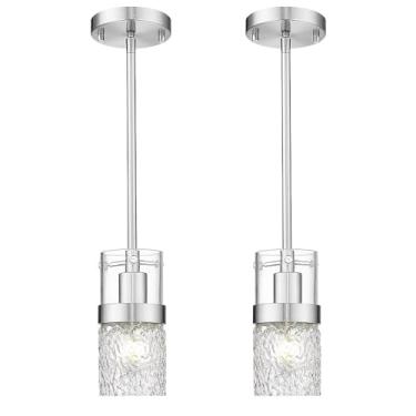 Imagem de LMS Pacote com 2 lâmpadas pendentes de níquel escovado para ilha de cozinha, luminárias pendentes de vidro modernas com vidro martelado, mini luminária suspensa ajustável para banheiro de pia de ilha