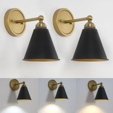 Imagem de HEQIQEH Conjunto de 2 arandelas de parede modernas operadas por bateria, luminária de parede vintage preta e dourada com controle remoto, lâmpadas de parede internas reguláveis sem fio para cabeceira