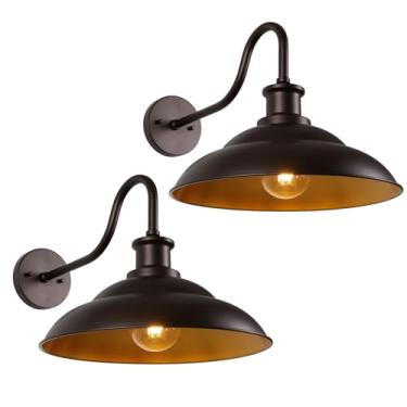 Imagem de Goosebrite Luminárias de celeiro pescoço de ganso ao ar livre, arandelas de parede grandes com cúpula de 40 cm, luzes de montagem de parede externa de fazenda para porta de pátio de garagem de casa