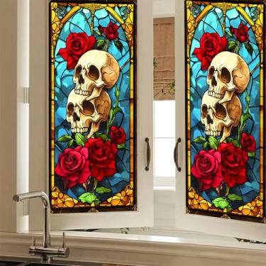 Imagem de HOMETITUTE Película para janela de vitral rosa vermelha crânio gótico 17,7 x 39,3 polegadas bloqueio solar privacidade adesivo decorativo adesivo adesivo adesivo de aderência estática para porta de