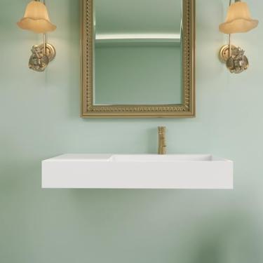 Imagem de HIGEINE Pias de banheiro premium para montagem na parede - pia de vaso de vaidade de superfície sólida de resina de pedra branca fosca, design contemporâneo pendurado na parede ou bancada, lavatório