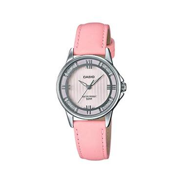 Imagem de Relógio analógico Casio LTP1391L-4A2V feminino com pulseira de couro rosa realçado com cristal e mostrador rosa