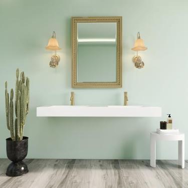 Imagem de HIGEINE Pia de banheiro de superfície sólida de resina de pedra atualizada de 159 x 48 cm - pias de vaso montadas na parede ou bancada, design branco fosco retangular de orifício duplo, bacia moderna