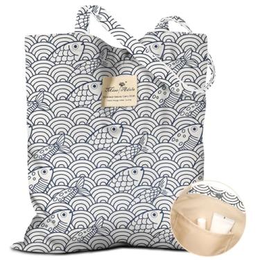 Imagem de Miss Adola Sacola estética feminina – Sacolas reutilizáveis com bolso e fivela magnética, design fofo, bolsa de ombro feminina de tecido de algodão para compras, supermercado, trabalho diário, peixe