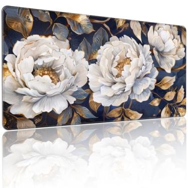 Imagem de Yuansm 90 x 40 cm, mouse pad grande, teclado e mouse pad para computadores domésticos e trabalho e mouse para laptop grande, peônias brancas