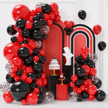 Imagem de Myafqsj Kit de arco de balão vermelho e preto, 129 peças, 4 tamanhos de balões pretos e vermelhos, balões de confete vermelho fosco e preto para decorações de festa de aniversário, casamento