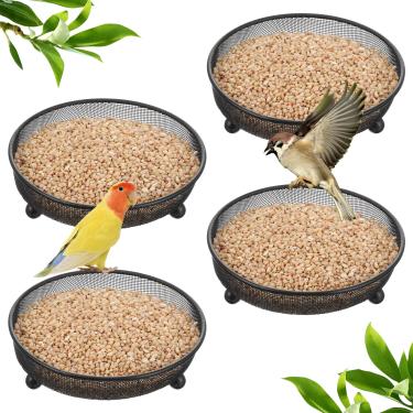 Imagem de Alimentador de pássaros com plataforma de 4 peças, bandeja para alimentadores externos de metal, bandeja de sementes de malha resistente à ferrugem, decoração de jardim para pomba selvagem ao ar livre