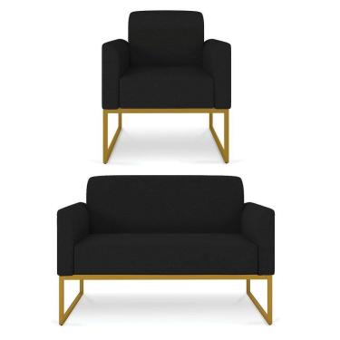 Imagem de Kit Namoradeira e 1 Poltrona Decorativa Base Industrial Dourada Maressa A79 Linho Preto - Ibiza