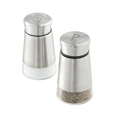 Imagem de Restaurantware -Met Lux Dispensadores de sal e pimenta de 59 ml, 1 conjunto de saleiro e pimenteiro recarregável – furos "S" e "P", fundo de vidro transparente, dispensadores de temperos de aço