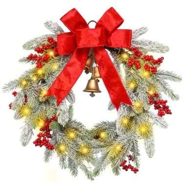 Imagem de MUMTOP Guirlanda de Natal pré-iluminada de 50 cm para porta da frente com luzes, guirlanda de Natal grande iluminada com nó vermelho, sinos para lareira, janela, decoração de casa