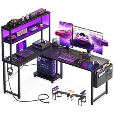 Imagem de Mesa Gamer em Formato de L, 53&quot; 134 cm com Luz LED, Tomadas, Suporte para CPU, Gancho para Fone de Ouvido e Bolsa de Armazenamento, 110V