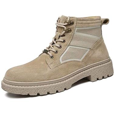 Imagem de Bigfanshu Botas de cano curto masculinas clássicas de couro sintético com cadarço e salto de 4 cm resistente ao desgaste, antiderrapante, bico redondo, bico redondo, masculino, cano médio, sem cadarço, botas ocidentais, Bege, 9 Wide