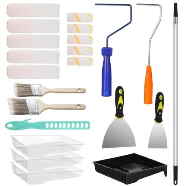 Imagem de Kit de rolo de pintura de 22 peças, capas de rolo de 10 cm e 23 cm com haste de extensão de 0,5 a 2 m, pincéis de tinta, bandeja de tinta com forros, raspadores e muito mais, suprimentos de pintura