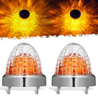 Imagem de Partsam 2 peças de luzes de melancia de vidro lente dupla âmbar LED marcador lateral luzes de seta moldura cromada, interior trapézio externo em forma de diamante para caminhões Peterbilt Freightliner