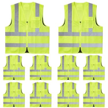 Imagem de Kit 10 Colete Refletivo Fluorescente Com 1 Bolso e Zíper Blusão Liso Brascamp