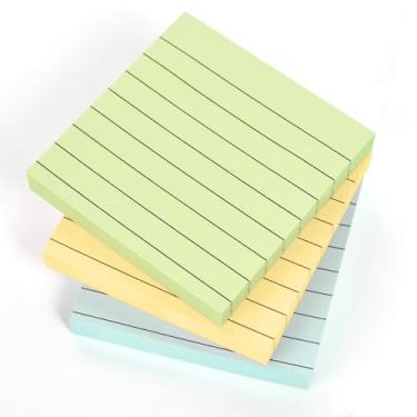 Imagem de Notas adesivas forradas 7,6 x 7,6 cm, superadesivos com linhas, fáceis de colocar para casa, escritório, caderno, 100 folhas/bloco (azul, amarelo, verde)