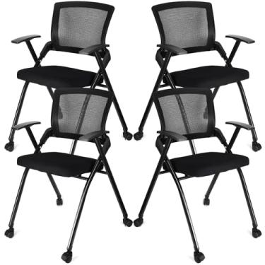 Imagem de AceOrbit 4 peças de cadeira de escritório dobrável com rodas de poliuretano suporte lombar, apoio de braço, assento de malha respirável grossa empilhável para reuniões de escritório, conferências