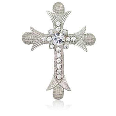 Imagem de Broche de pino de cruz católica com elementos Swarovski prateado Akianna