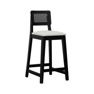 Imagem de Banqueta Gabi Madeira Maciça Encosto C- Telinha C- 68cm Altura - Preto Assento Estofado Linho Bege