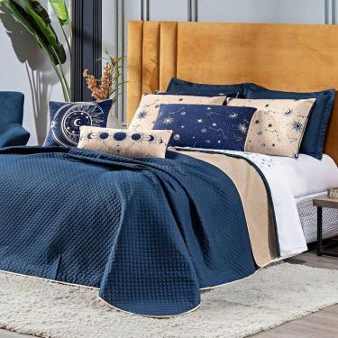 Imagem de Cobre Leito Constelações Azul Marinho-caqui Dupla Face Com Almofadas Solteiro 05 Peças Astrologia Signos