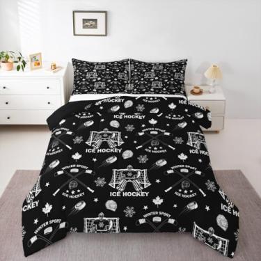 Imagem de Conjunto de edredom casal, com gol de hóquei no gelo, preto europeu, para crianças, meninas, meninos, jogos competitivos, trabalho em equipe, decoração de quarto de esportes de inverno